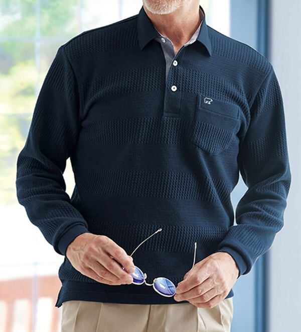 「＜ゴールデンベア＞ふくれジャカード布帛衿ポロシャツ（メンズポロシャツ）」｜詳細画像