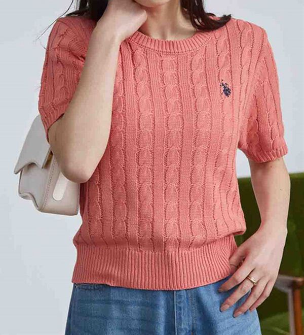 RANAN（ラナン）の「＜Ｕ．Ｓ．ＰＯＬＯ　ＡＳＳＮ．＞ワンポイント半袖ケーブルニット（ニット・セーター）」｜詳細画像