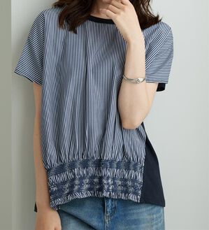 BELLUNA（ベルーナ）の「【ひんやり接触冷感】シャーリング使い異素材切替プルオーバー（カットソー）」｜ネイビー系