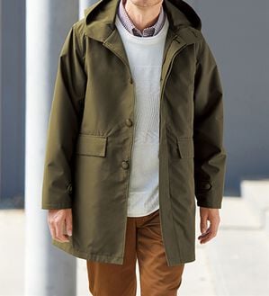 「収納便利な暖かライナー付フーデッドコート（メンズコート）」｜オリーブ