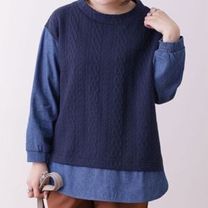 BELLUNA（ベルーナ）の「ケーブルジャカード切替重ね着風チュニック（チュニック）」｜ネイビー