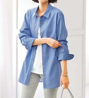 BELLUNA（ベルーナ）の「＜ＳＯＬＯＴＥＸ（Ｒ）＞アイロン要らずの日よけシャツ（シャツ）」｜ブルー系ストライプ