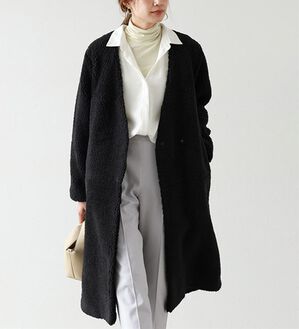 2953y美品　イザベルマラン　ノーカラーボアロングコート　黒 ISABEL MARANT (イザベルマラン) ウール 総柄 ロングコート
