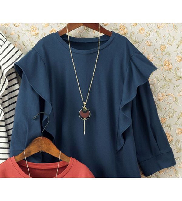 ルフラン（ルフラン）の「ちょい洒落＊７分袖ラッフルショルダーＴシャツ（カットソー）」｜ネイビー