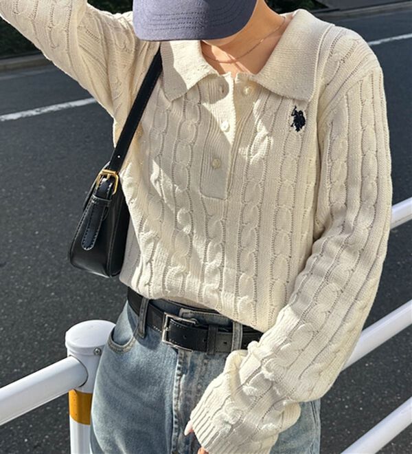 RANAN（ラナン）の「＜Ｕ．Ｓ．Ｐ＞刺繍長袖ケーブルポロニット（ニット・セーター）」｜詳細画像