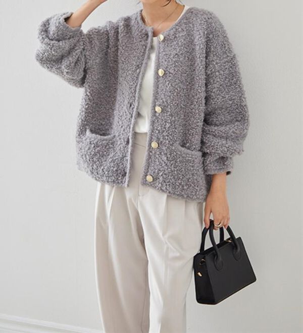 RANAN（ラナン）の「ゴールド調ボタンループ編みニットジャケット（ニットカーディガン）」｜詳細画像