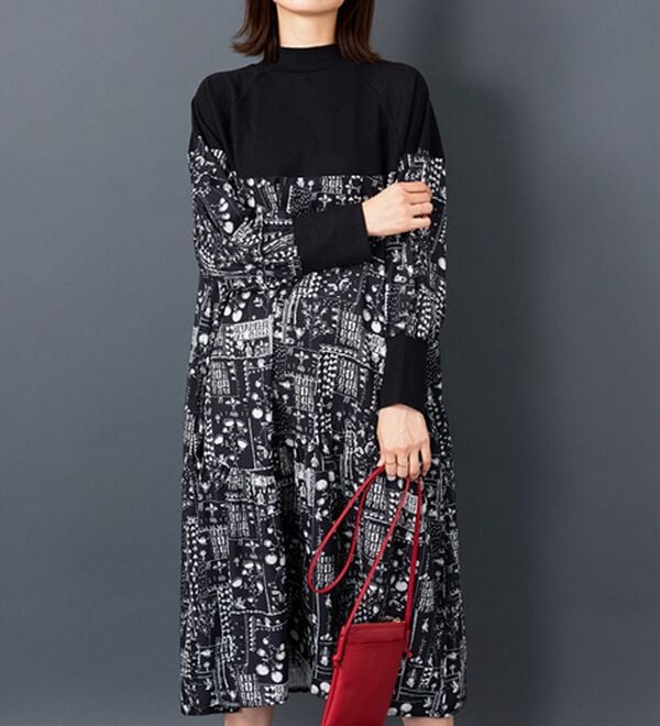 ポールカ　ワンピース　カーディガン　ニット切替　黒　リブニット　ターンロック ハイネックリブ切替ニットワンピース＜大きいサイズ有