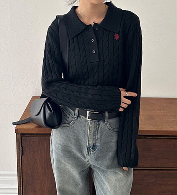 RANAN（ラナン）の「＜U.S.POLO ASSN.＞刺繍長袖ケーブルポロニット（ニット・セーター）」｜詳細画像