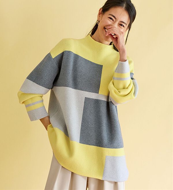 BELLUNA（ベルーナ）の「体型カバー配色ブロック柄ニットプルオーバー（ニット・セーター）」｜イエロー系