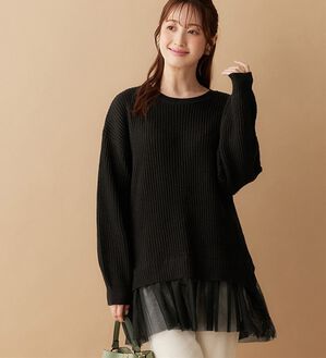 alotta（アロッタ）の「裾チュールレイヤード風ニット（ニット・セーター）」｜ブラック
