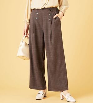BELLUNA（ベルーナ）の「サマ見え（スーパーウォーム）ウール調ボタン使いワイドパンツ（ワイドパンツ・ガウチョ）」｜ブラウン系チェック
