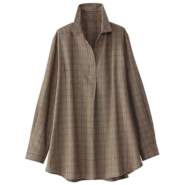 BELLUNA（ベルーナ）の「やわらかな着心地！テンセル綿素材スキッパーシャツチュニック（チュニック）」｜ブラウン系グレンチェック