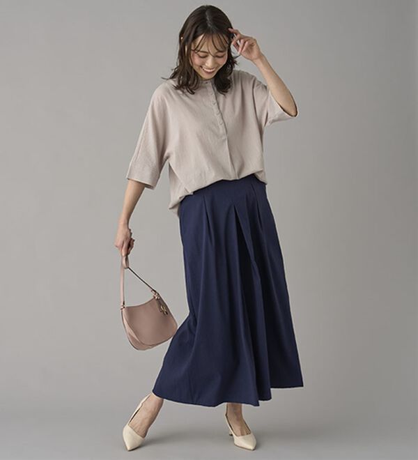 BELLUNA（ベルーナ）の「ひんやりスラブ調素材ガウチョパンツ（フルレングスパンツ）」｜詳細画像