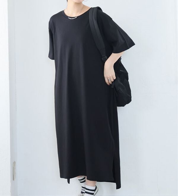 A HAPPY MARILYN（アハッピーマリリン）の「【Ｌ～１０Ｌ】選べる２丈！綿１００％ストンと楽ちん！着心地さらりゆるＴワンピース＆チュニック（チュニック）」｜ブラック