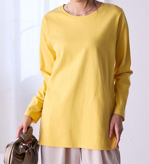 RANAN（ラナン）の「＜ＢＣ＞綿１００％&times;吸湿発熱！あったか裾スリットロングプルオーバー（カットソー）」｜イエロー