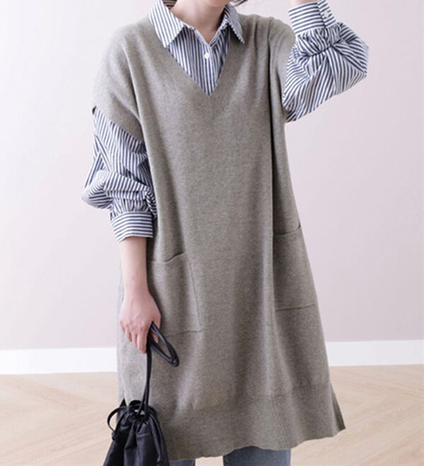 BELLUNA（ベルーナ）の「Ｖネックニットチュニックベスト（ベスト）」｜杢グレー