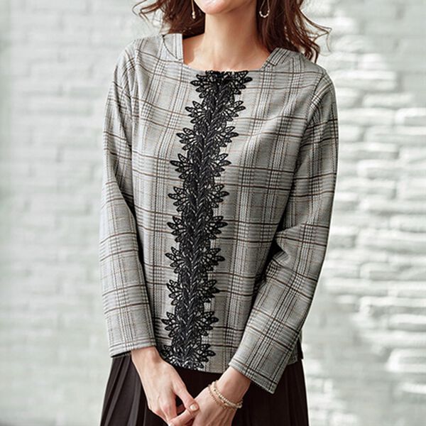 BELLUNA（ベルーナ）の「レース使いチェックジャカードプルオーバー（カットソー）」｜詳細画像