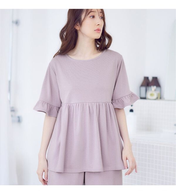 alotta（アロッタ）の「【選べる！】やわらかパイルルームウェア＜ギャザー切替トップス・裾フリルロングパンツ・裾フリルショートパンツ＞（フルレングスパンツ）」｜詳細画像