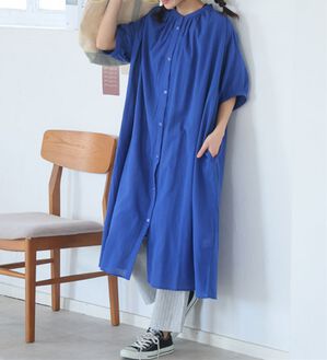 A HAPPY MARILYN（アハッピーマリリン）の「【Ｌ～６Ｌ】【風通るプレミアム】綿１００％ 楊柳 五分袖 ギャザーたっぷりワンピース（カットソーワンピース）」｜ロイヤルブルー