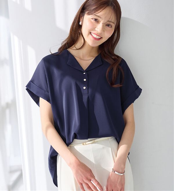 alotta（アロッタ）の「衿デザイン大人上品とろみブラウス（ブラウス）」｜ネイビー