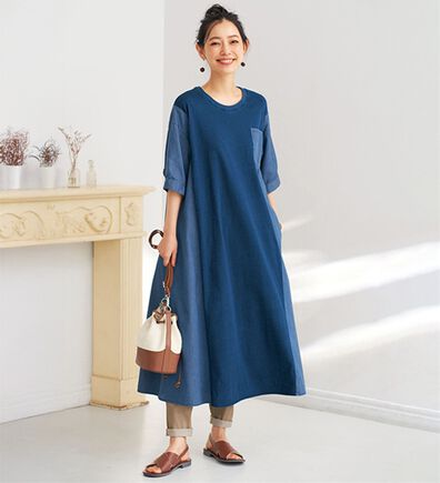 BELLUNA（ベルーナ）の「デニム切替ワンピース（カットソーワンピース）」