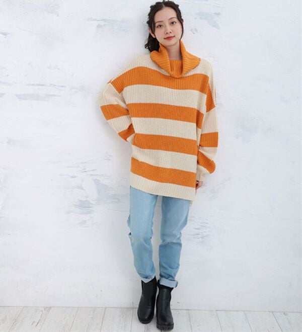 「【ＬＬ～４Ｌ】オフタートルワイドボーダーニットプルオーバー（ニット・セーター）」｜詳細画像