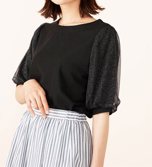 BELLUNA（ベルーナ）の「ラメチュール袖切替デザインプルオーバー（カットソー）」｜黒