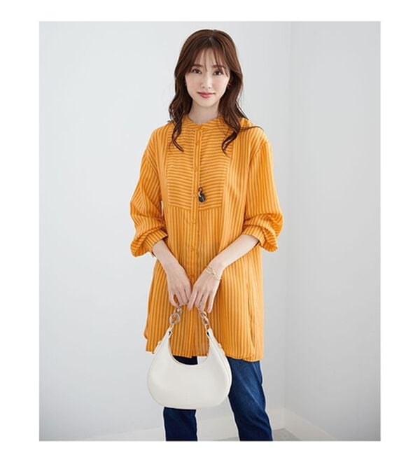 BELLUNA（ベルーナ）の「お手入れ簡単！ストライプ切替シャツチュニック（チュニック）」｜詳細画像