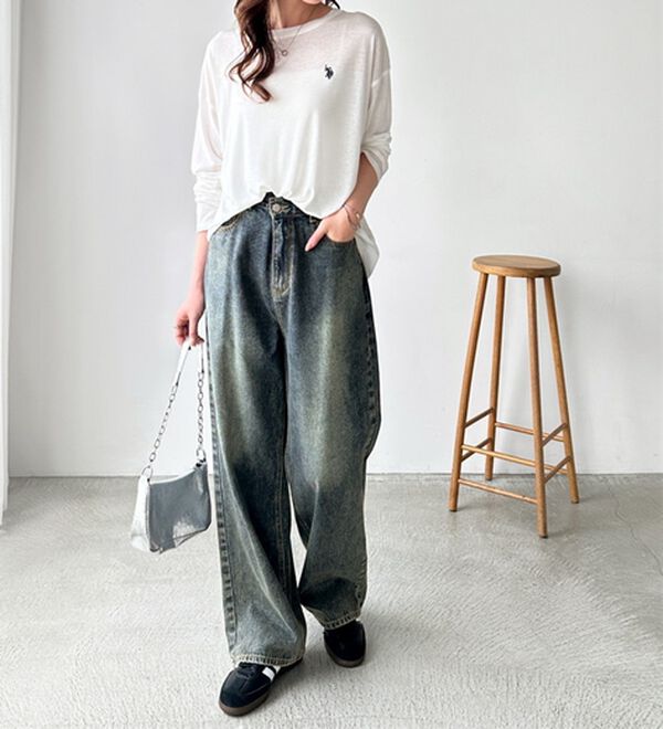 GeeRA（ジーラ）の「美脚見え！２ボタンウエストワイドデニムパンツ（フルレングスパンツ）」｜詳細画像