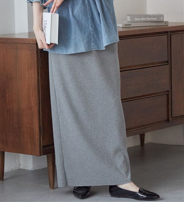 RANAN（ラナン）の「セルフカットリブロングナロースカート（ロングスカート）」｜グレー