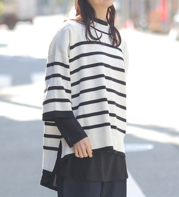 「【Ｌ～６Ｌ】重ね着を楽しむレイヤード専用ニットプルオーバー（ニット・セーター）」｜ｵﾌ&times;ﾌﾞﾗｯｸ(ﾀｸﾞｵﾌﾎﾜｲﾄ)