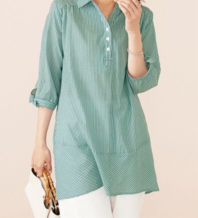 BELLUNA（ベルーナ）の「綿１００％ストライプ袖リボンチュニック（チュニック）」