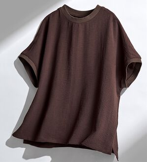 BELLUNA（ベルーナ）の「ビンテージ調素材リブ使いゆったりブラウス（ブラウス）」｜ブラウン