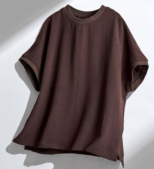 BELLUNA（ベルーナ）の「ビンテージ調素材リブ使いゆったりブラウス（ブラウス）」｜ブラウン