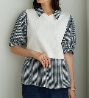 BELLUNA（ベルーナ）の「衿付きVネック異素材切替チュニック（チュニック）」｜オフ白&times;ギンガム