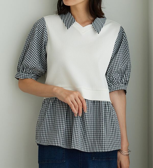 BELLUNA（ベルーナ）の「衿付きVネック異素材切替チュニック（チュニック）」｜オフ白&times;ギンガム