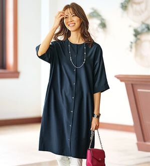 BELLUNA（ベルーナ）の「すっぽり体型カバー！麻調２ｗａｙワンピース（その他ワンピース）」｜ネイビー