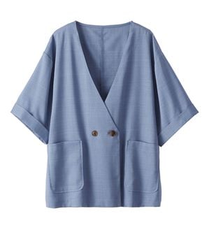BELLUNA（ベルーナ）の「麻調素材ノーカラーダブルジャケット（その他ジャケット）」｜ブルー