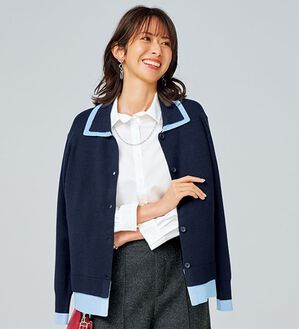 BELLUNA（ベルーナ）の「配色衿デザインニットカーディガン（ニットカーディガン）」｜ネイビー系