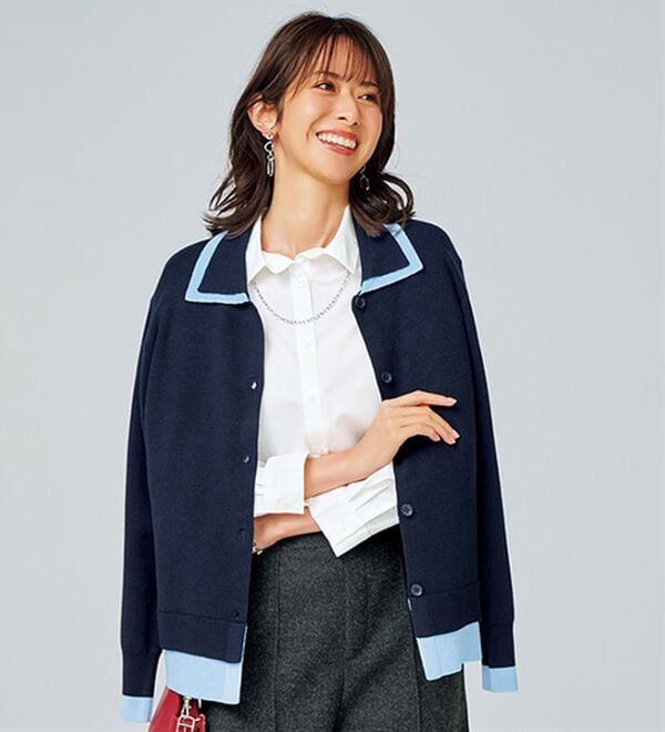 BELLUNA（ベルーナ）の「配色衿デザインニットカーディガン（ニットカーディガン）」｜ネイビー系