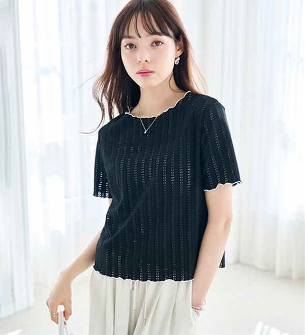 RANAN（ラナン）の「インせず着られる！透かし柄メロー配色Ｔシャツ（カットソー）」｜詳細画像
