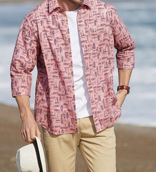 「＜ハッシュパピー＞総柄リップル７分袖シャツ（メンズシャツ）」｜詳細画像