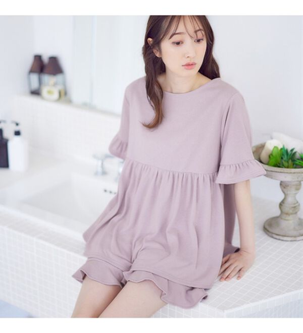 alotta（アロッタ）の「【選べる！】やわらかパイルルームウェア＜ギャザー切替トップス・裾フリルロングパンツ・裾フリルショートパンツ＞（フルレングスパンツ）」｜詳細画像