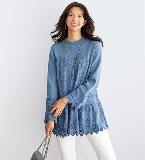 BELLUNA（ベルーナ）の「華やかレース切替ニットチュニック（チュニック）」｜詳細画像