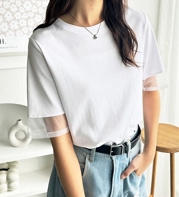 GeeRA（ジーラ）の「綿１００％袖シアー切替シルケットＴシャツ（Tシャツ）」｜詳細画像