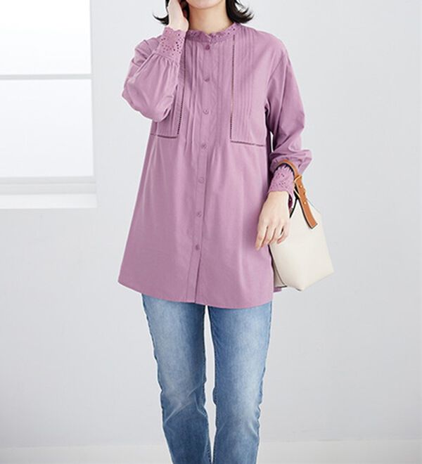 BELLUNA（ベルーナ）の「上品に着映える！衿＆袖レース切替シャツチュニック（チュニック）」｜詳細画像