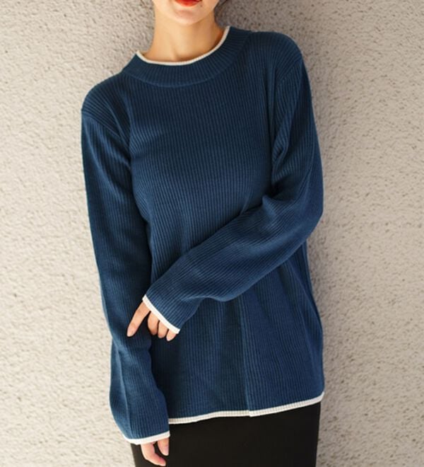 A HAPPY MARILYN（アハッピーマリリン）の「【ＬＬ～６Ｌ】＜新色追加＞Ｔシャツ感覚で着れるカメレオン級の着回しが叶うリブニット（ニット・セーター）」｜配色／インクブルー