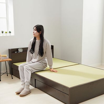 「宮・引き出し付樹脂張り畳ベッド＜ベッドフレーム　木製　大量収納　宮棚付き　家具　寝具　硬め　樹脂製畳＞（ベッド）」