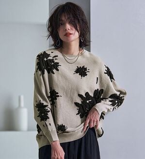 BELLUNA（ベルーナ）の「大人のゆるっと花柄ジャカードニットプルオーバー（ニット・セーター）」｜グレー系