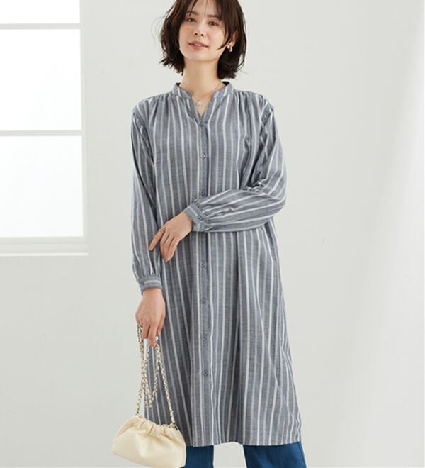 BELLUNA（ベルーナ）の「綿100％ダブルガーゼ素材ワンピース（その他ワンピース）」｜ネイビー系ストライプ